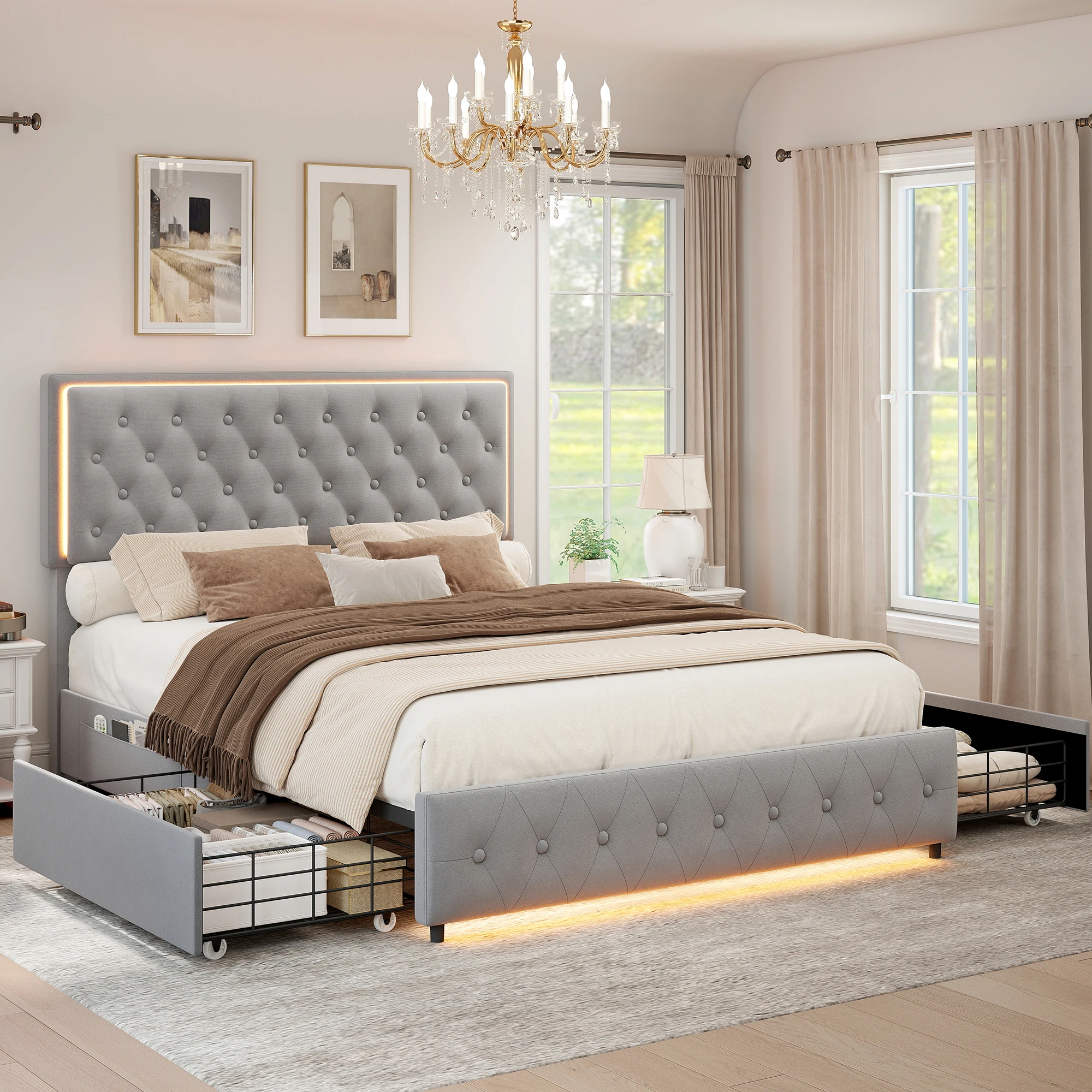 Sibeds Double King Size LED Bed Frame with 2 Storage Drawers, Velvet Upholstered Bed, Sturdy Steel Slats Support, Easy Assembly, No Mattress or Box Spring Needed - Image 7