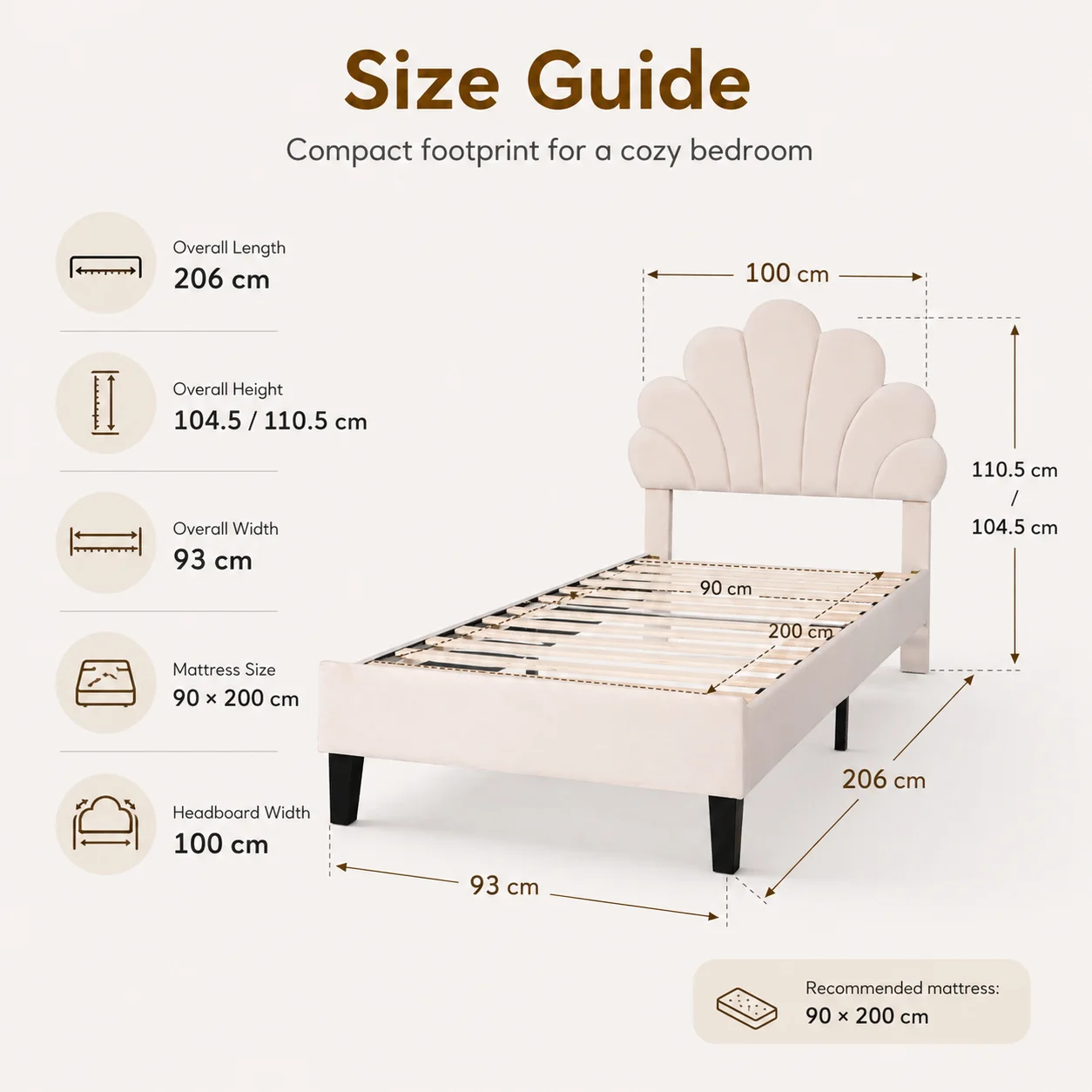 Single Bed Frame, 3FT Kids Upholstered Bed with Adjustable Headboard, Soft Velvet Children's Bed with Petal Shape, Sturdy Wooden Slat Support, No Mattress, Beige - Image 2