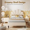 Single Bed Frame, 3FT Kids Upholstered Bed with Adjustable Headboard, Soft Velvet Children's Bed with Petal Shape, Sturdy Wooden Slat Support, No Mattress, Beige