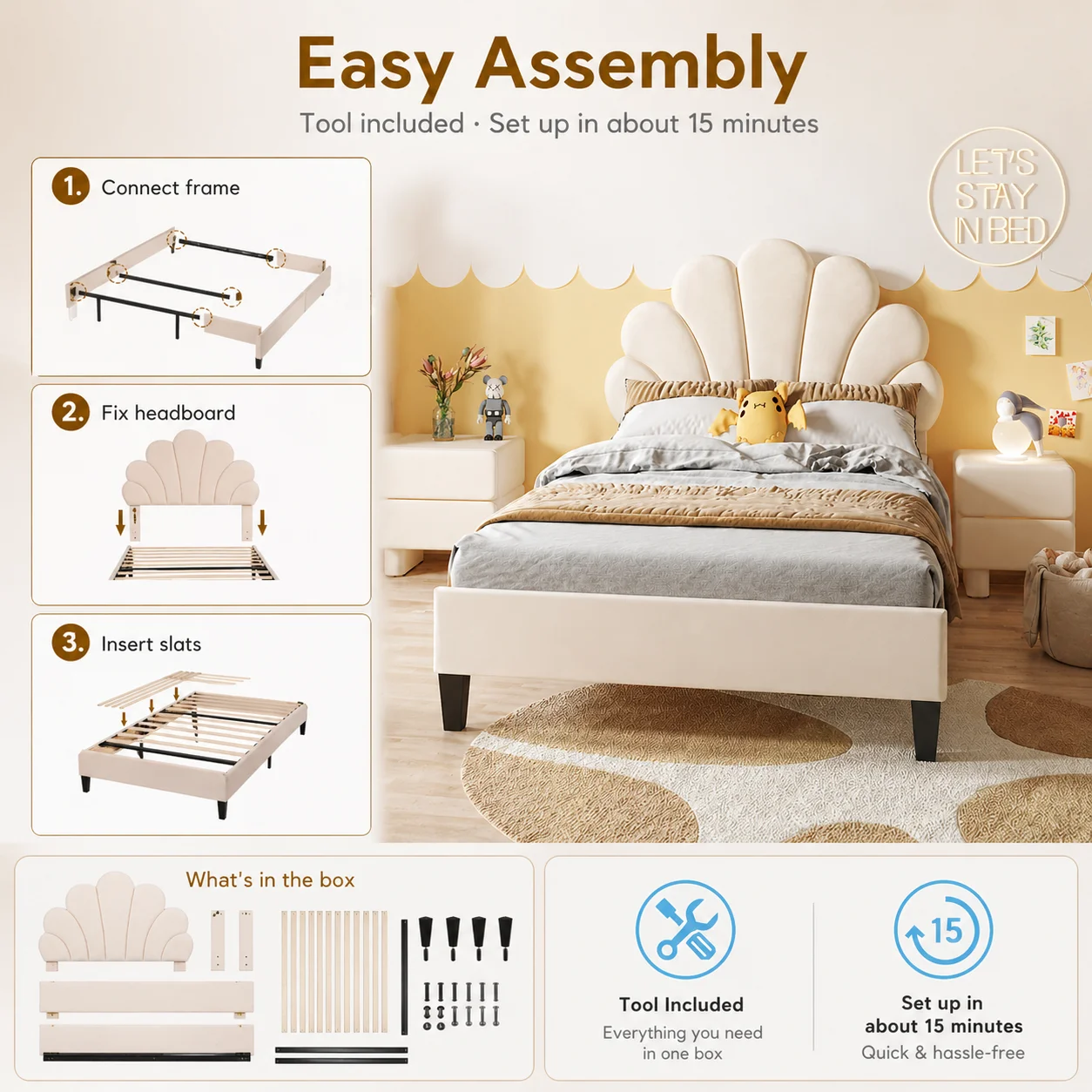 Single Bed Frame, 3FT Kids Upholstered Bed with Adjustable Headboard, Soft Velvet Children's Bed with Petal Shape, Sturdy Wooden Slat Support, No Mattress, Beige - Image 6