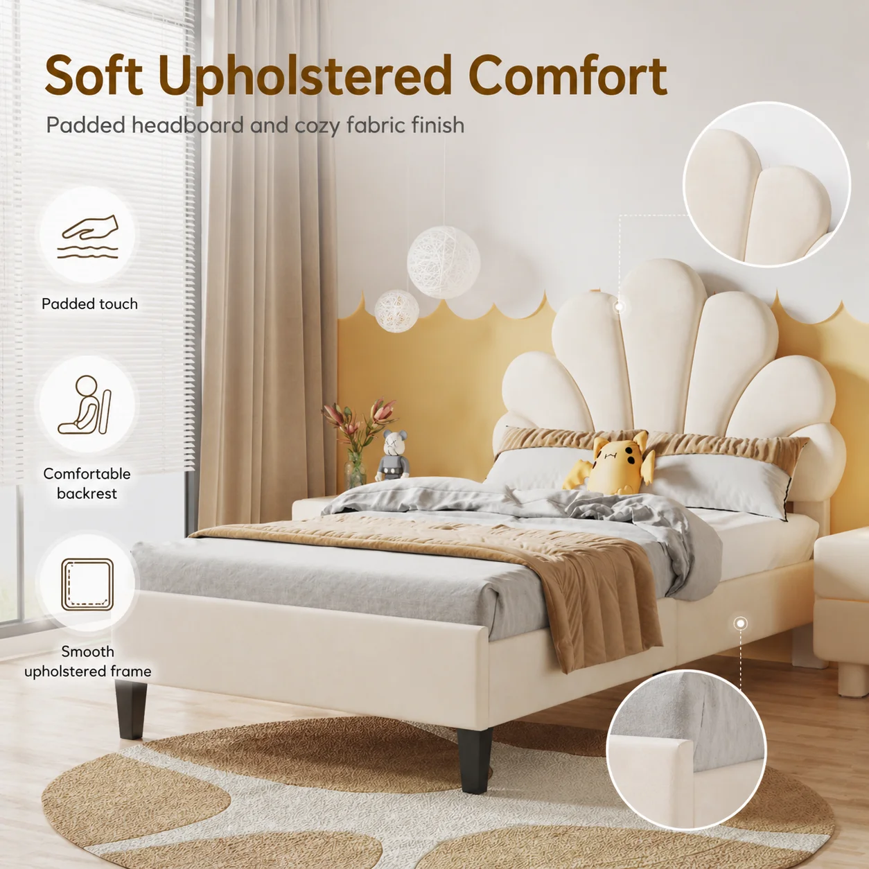 Single Bed Frame, 3FT Kids Upholstered Bed with Adjustable Headboard, Soft Velvet Children's Bed with Petal Shape, Sturdy Wooden Slat Support, No Mattress, Beige - Image 3