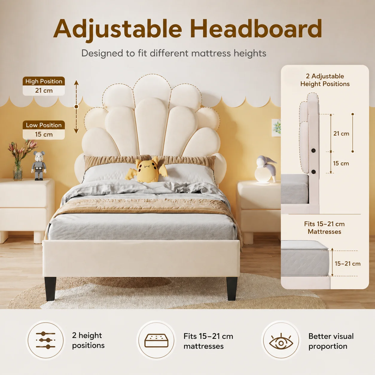 Single Bed Frame, 3FT Kids Upholstered Bed with Adjustable Headboard, Soft Velvet Children's Bed with Petal Shape, Sturdy Wooden Slat Support, No Mattress, Beige - Image 4