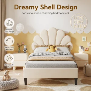 Single Bed Frame, 3FT Kids Upholstered Bed with Adjustable Headboard, Soft Velvet Children's Bed with Petal Shape, Sturdy Wooden Slat Support, No Mattress, Beige