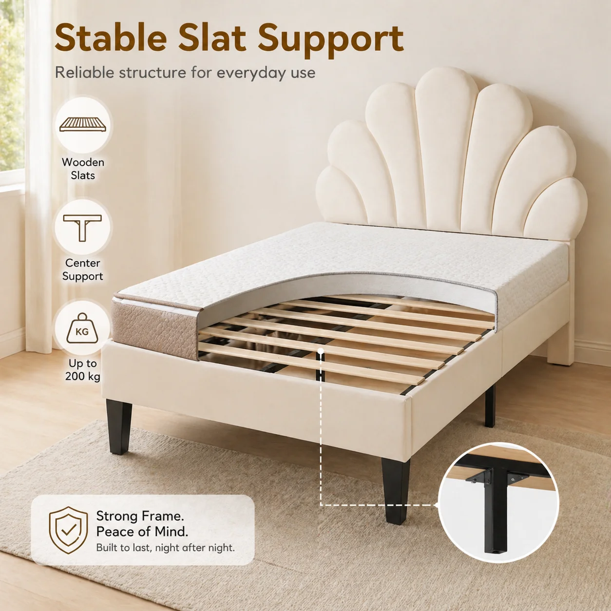 Single Bed Frame, 3FT Kids Upholstered Bed with Adjustable Headboard, Soft Velvet Children's Bed with Petal Shape, Sturdy Wooden Slat Support, No Mattress, Beige - Image 5
