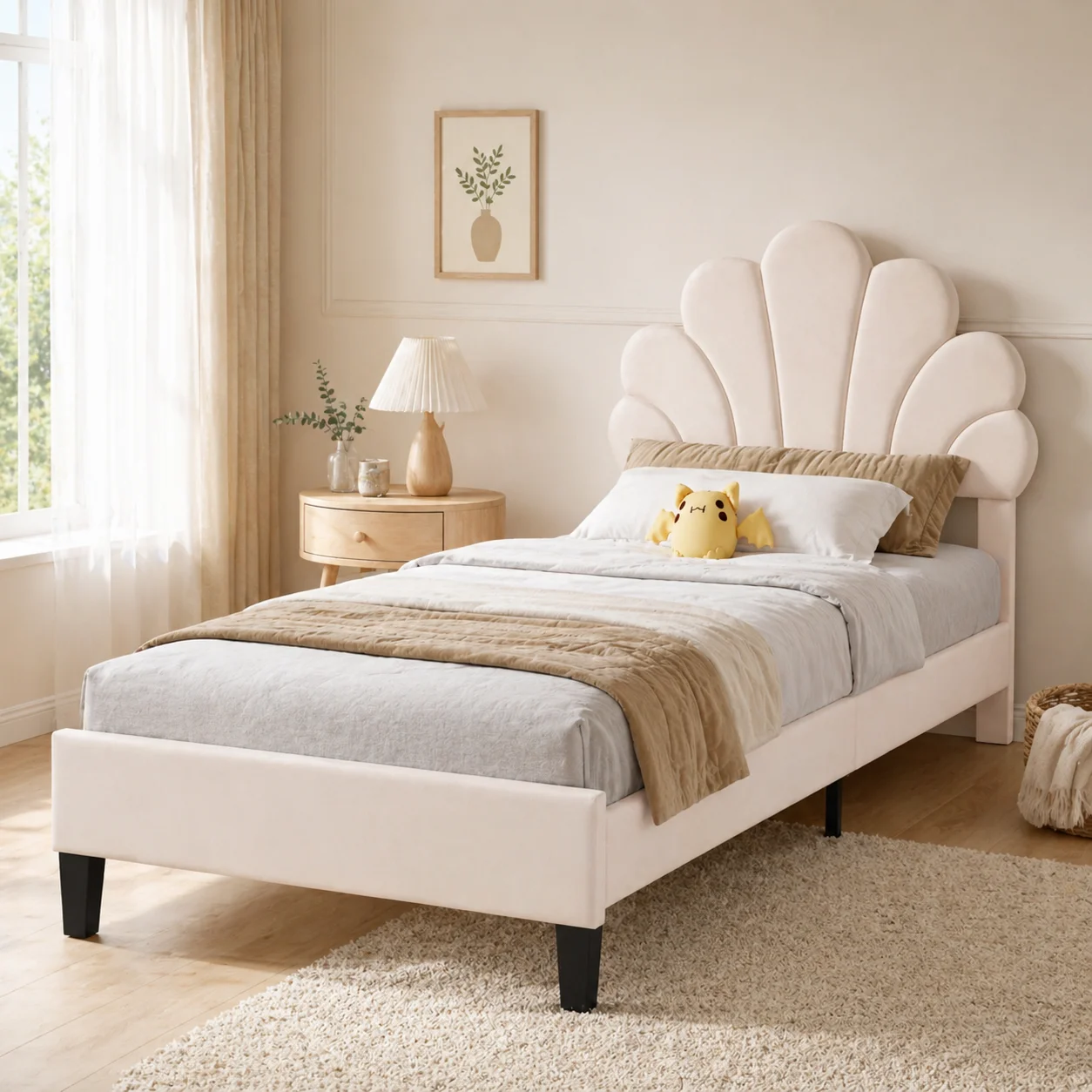 Single Bed Frame, 3FT Kids Upholstered Bed with Adjustable Headboard, Soft Velvet Children's Bed with Petal Shape, Sturdy Wooden Slat Support, No Mattress, Beige - Image 8