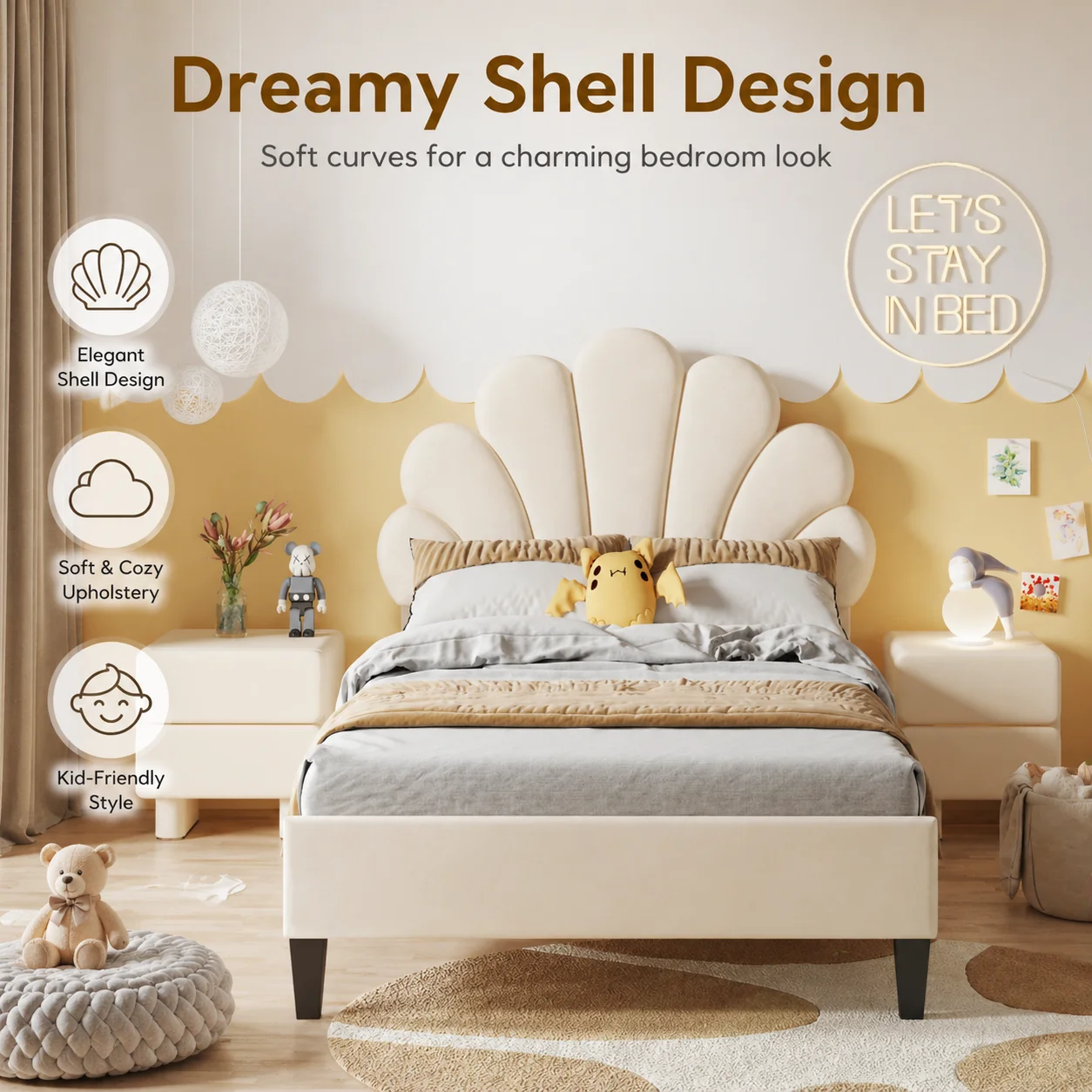 Single Bed Frame, 3FT Kids Upholstered Bed with Adjustable Headboard, Soft Velvet Children's Bed with Petal Shape, Sturdy Wooden Slat Support, No Mattress, Beige