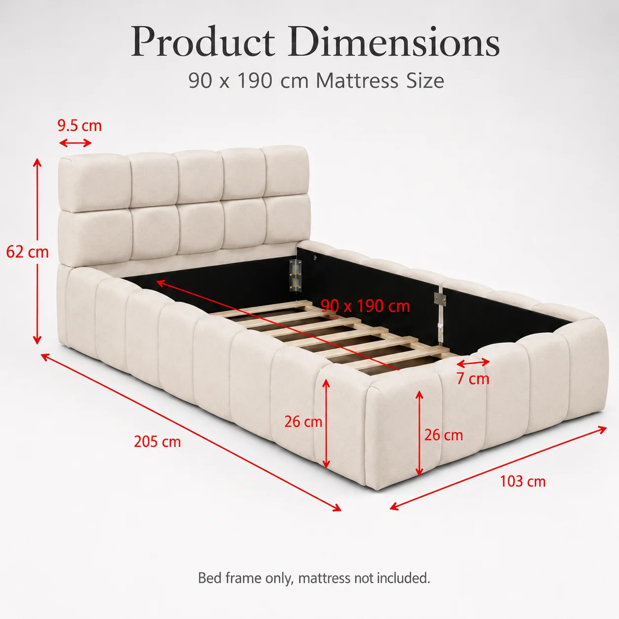 Single Bed Frame 90x190 cm, Linen Floor Bed with Headboard and Footboard, Bubble Bed for Adults, Teens, Bedroom Guest Room, No Mattress - Image 2