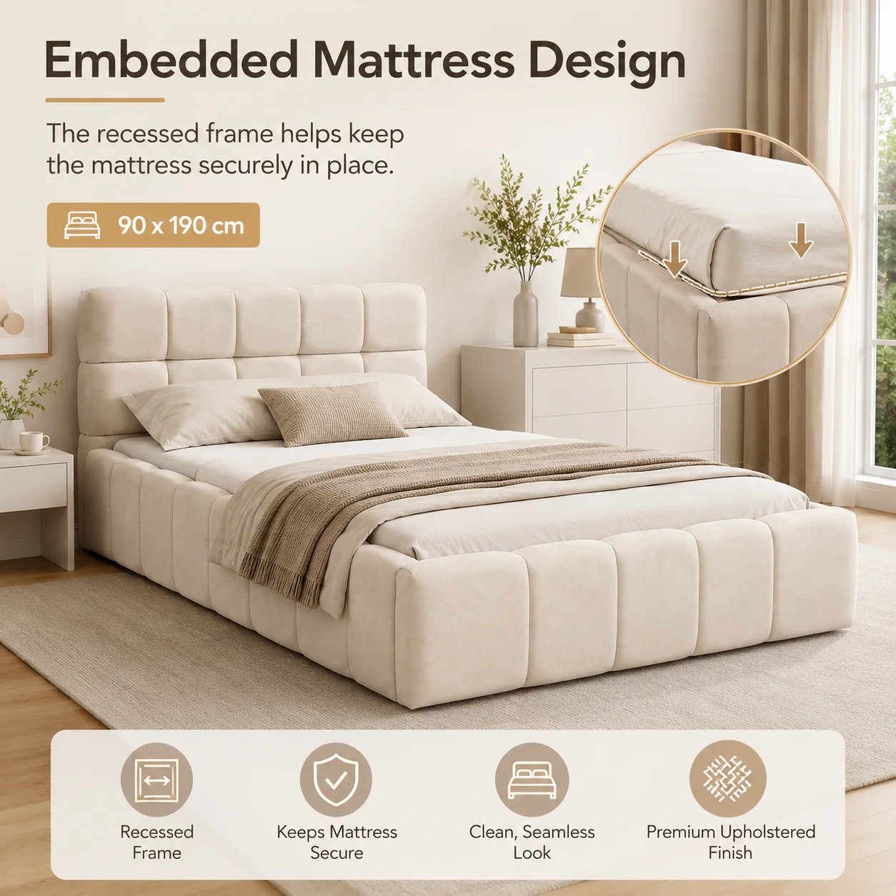 Single Bed Frame 90x190 cm, Linen Floor Bed with Headboard and Footboard, Bubble Bed for Adults, Teens, Bedroom Guest Room, No Mattress - Image 3