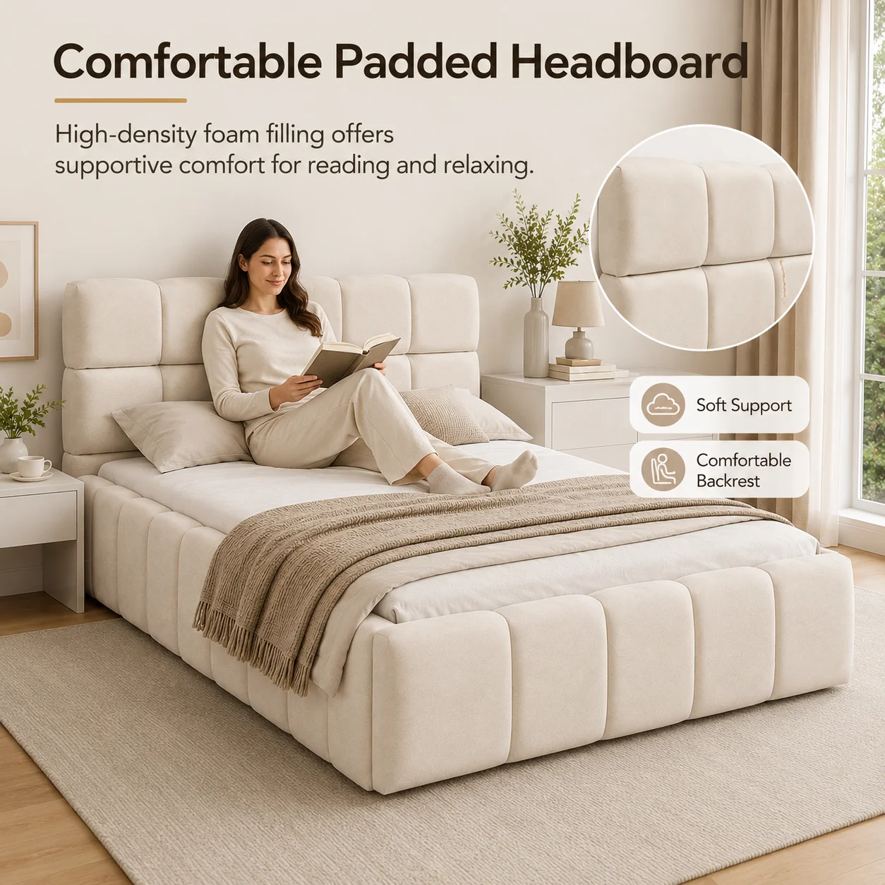 Single Bed Frame 90x190 cm, Linen Floor Bed with Headboard and Footboard, Bubble Bed for Adults, Teens, Bedroom Guest Room, No Mattress - Image 4
