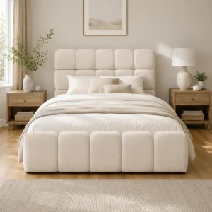 Single Bed Frame 90x190 cm, Linen Floor Bed with Headboard and Footboard, Bubble Bed for Adults, Teens, Bedroom Guest Room, No Mattress