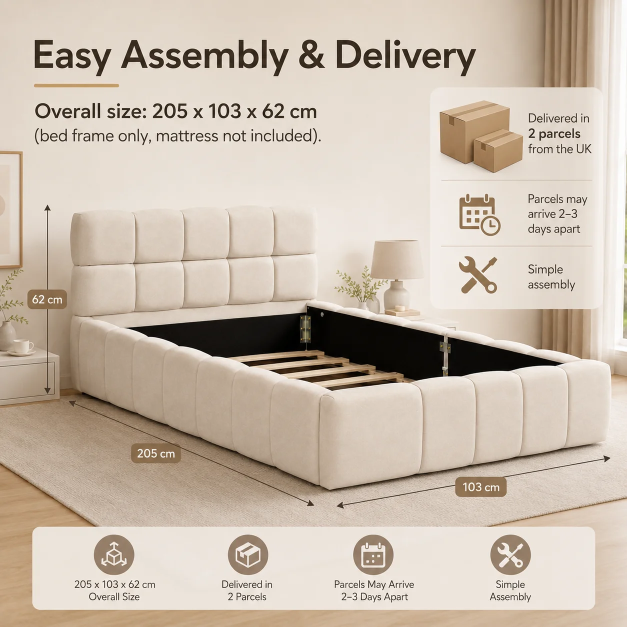 Single Bed Frame 90x190 cm, Linen Floor Bed with Headboard and Footboard, Bubble Bed for Adults, Teens, Bedroom Guest Room, No Mattress - Image 7