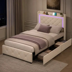 Single Bed Frame 90x190cm with 2 Storage Drawers, Storage Bed with LED and Charging Station, Ottoman Bed Frame with Headboard and Solid Wood Slats, Velvet Fabric, No Mattress, Beige