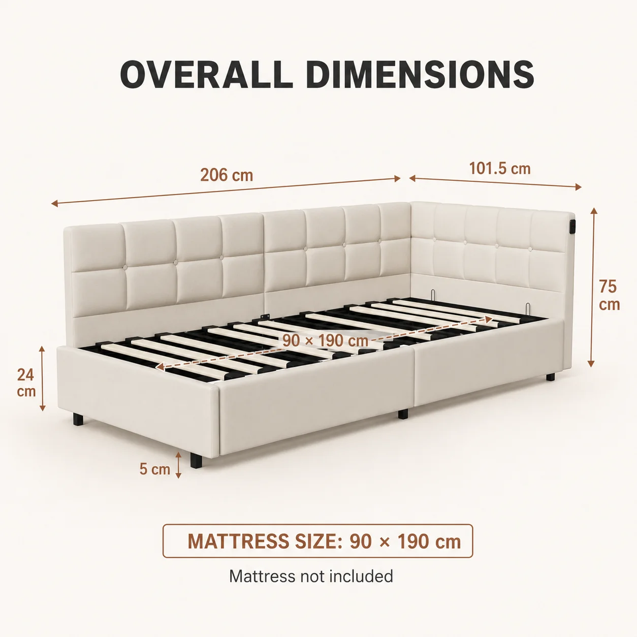 Single Daybed 90x190 cm with LED, Sofa Bed with Hydraulic Storage and USB Charging Port, Upholstered Bed Frame for Living Room, Bedroom, Velvet Fabric, No Mattess - Image 2