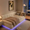 Single Daybed 90x190 cm with LED, Sofa Bed with Hydraulic Storage and USB Charging Port, Upholstered Bed Frame for Living Room, Bedroom, Velvet Fabric, No Mattess