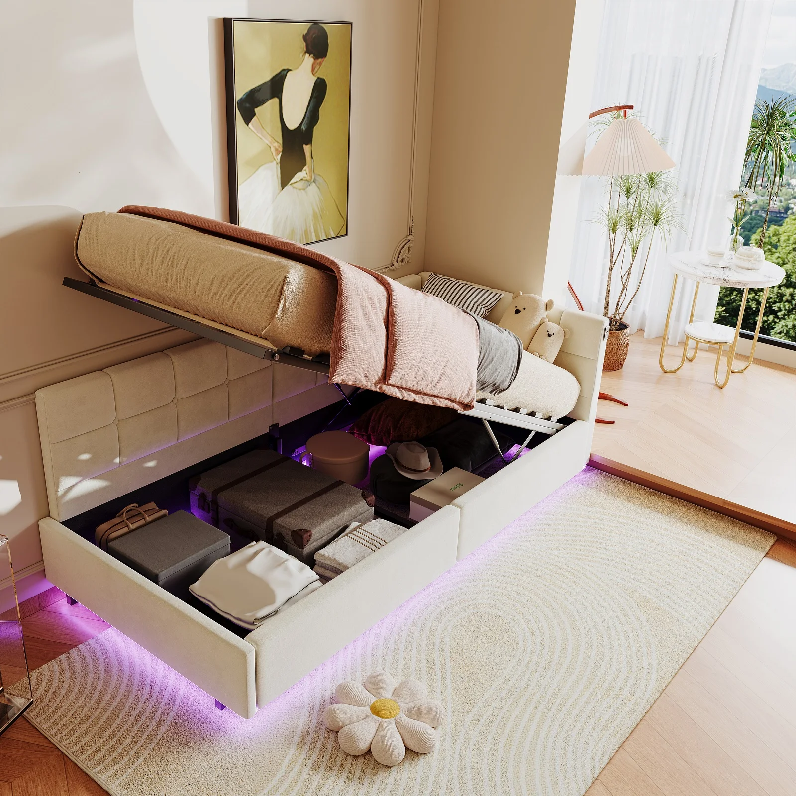 Single Daybed 90x190 cm with LED, Sofa Bed with Hydraulic Storage and USB Charging Port, Upholstered Bed Frame for Living Room, Bedroom, Velvet Fabric, No Mattess - Image 6