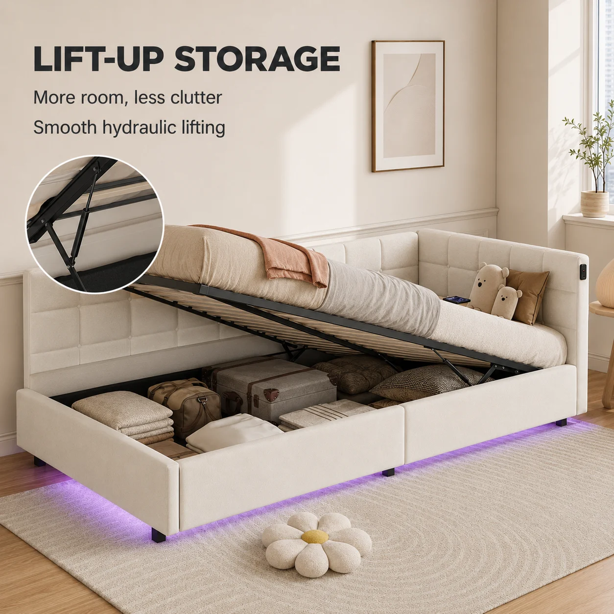 Single Daybed 90x190 cm with LED, Sofa Bed with Hydraulic Storage and USB Charging Port, Upholstered Bed Frame for Living Room, Bedroom, Velvet Fabric, No Mattess - Image 3