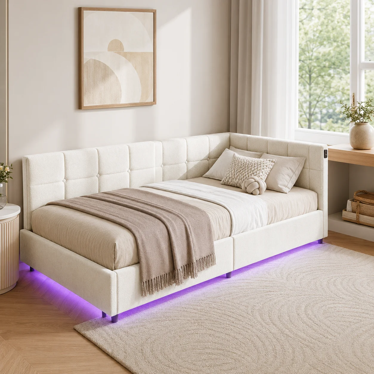 Single Daybed 90x190 cm with LED, Sofa Bed with Hydraulic Storage and USB Charging Port, Upholstered Bed Frame for Living Room, Bedroom, Velvet Fabric, No Mattess - Image 7