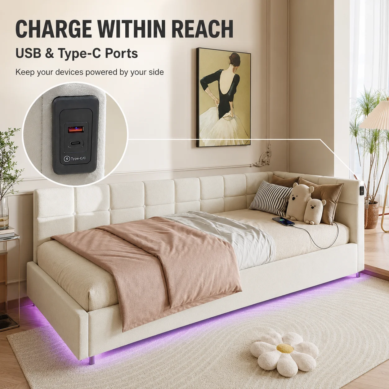 Single Daybed 90x190 cm with LED, Sofa Bed with Hydraulic Storage and USB Charging Port, Upholstered Bed Frame for Living Room, Bedroom, Velvet Fabric, No Mattess - Image 4