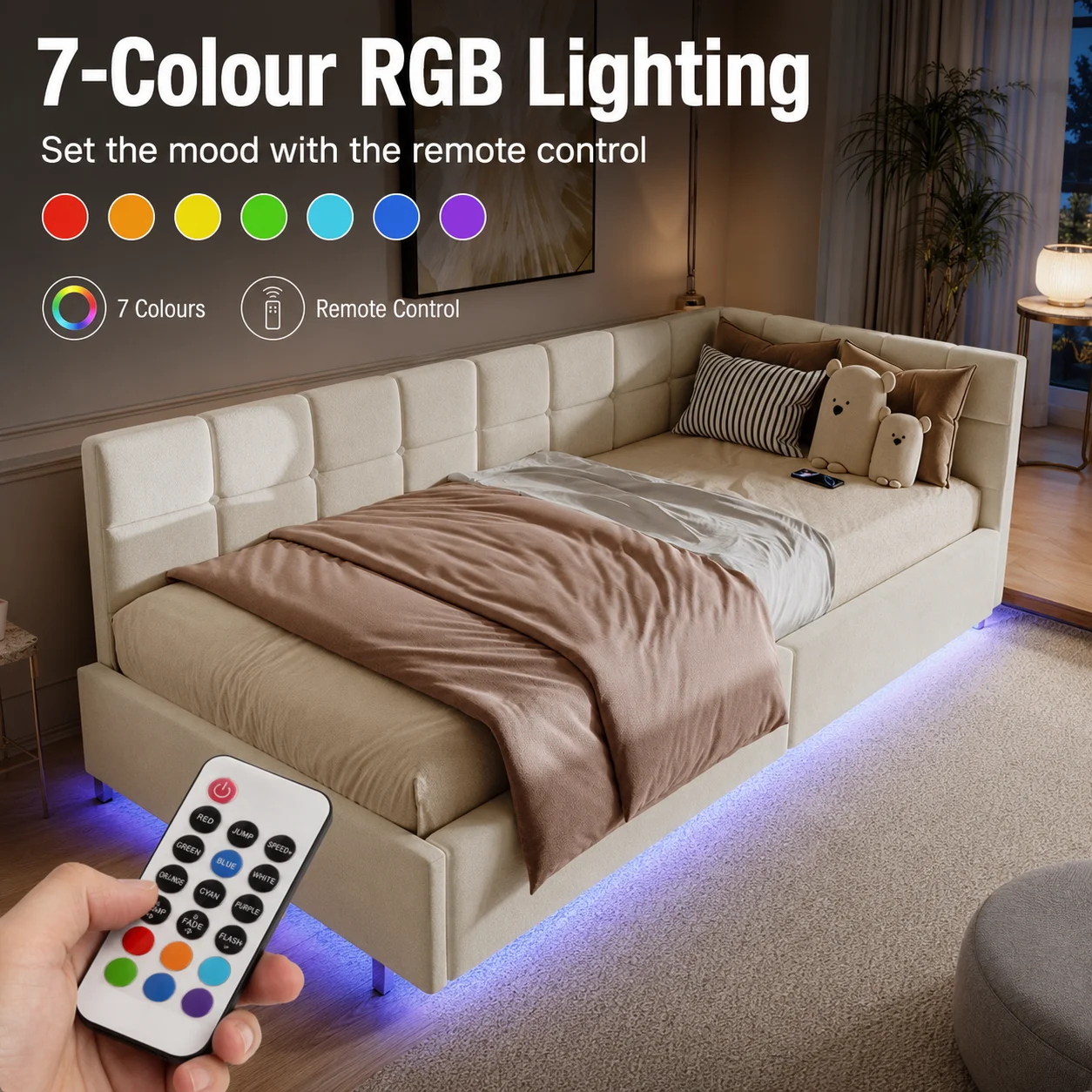 Single Daybed 90x190 cm with LED, Sofa Bed with Hydraulic Storage and USB Charging Port, Upholstered Bed Frame for Living Room, Bedroom, Velvet Fabric, No Mattess - Image 5