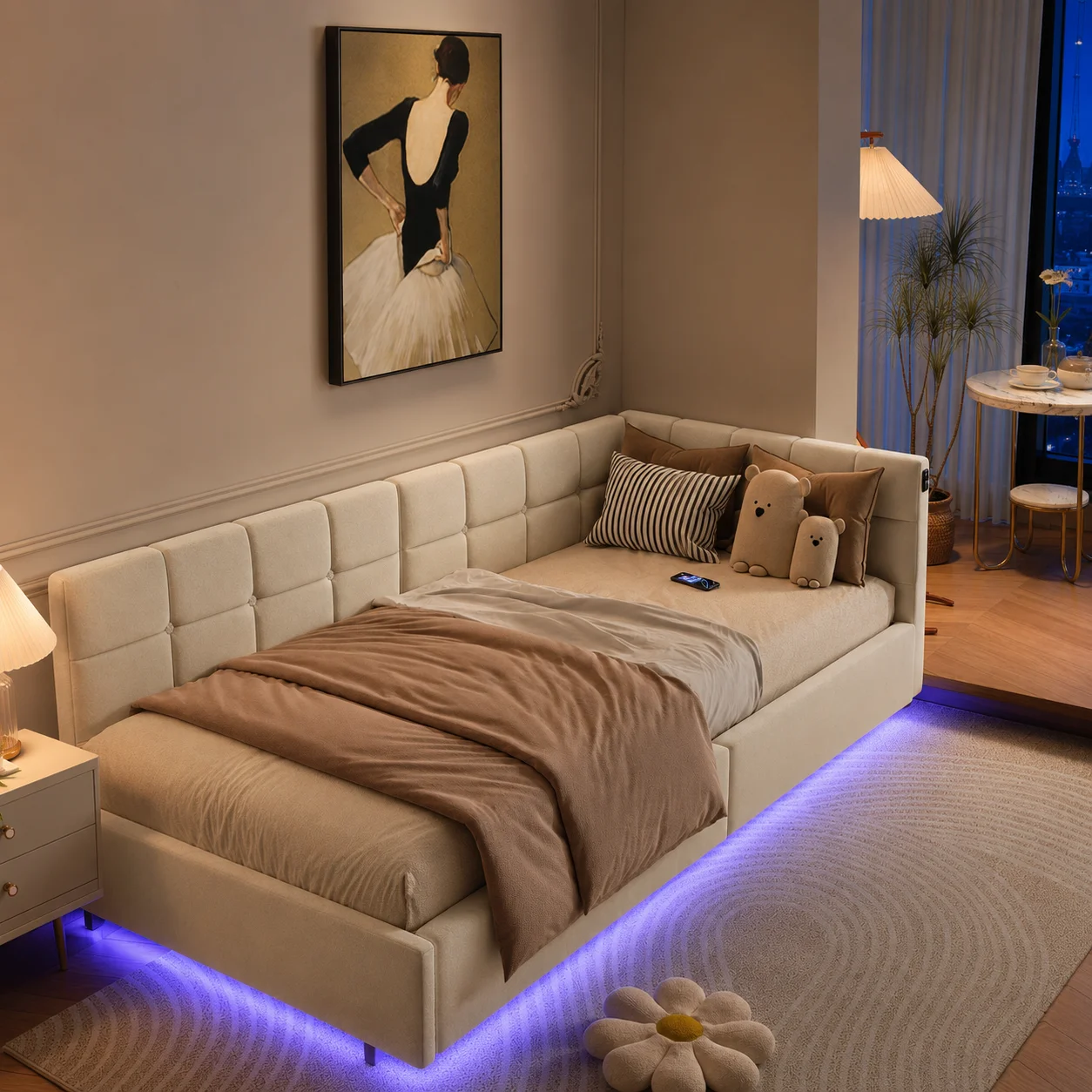 Single Daybed 90x190 cm with LED, Sofa Bed with Hydraulic Storage and USB Charging Port, Upholstered Bed Frame for Living Room, Bedroom, Velvet Fabric, No Mattess