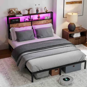 Single Double King Size Bed Frame With Headboard, Metal Platform Bed Frame With LED Lights, Under Bed Storage, Solid And Stable, No Box Spring Needed, Noise Free, Easy Assembly
