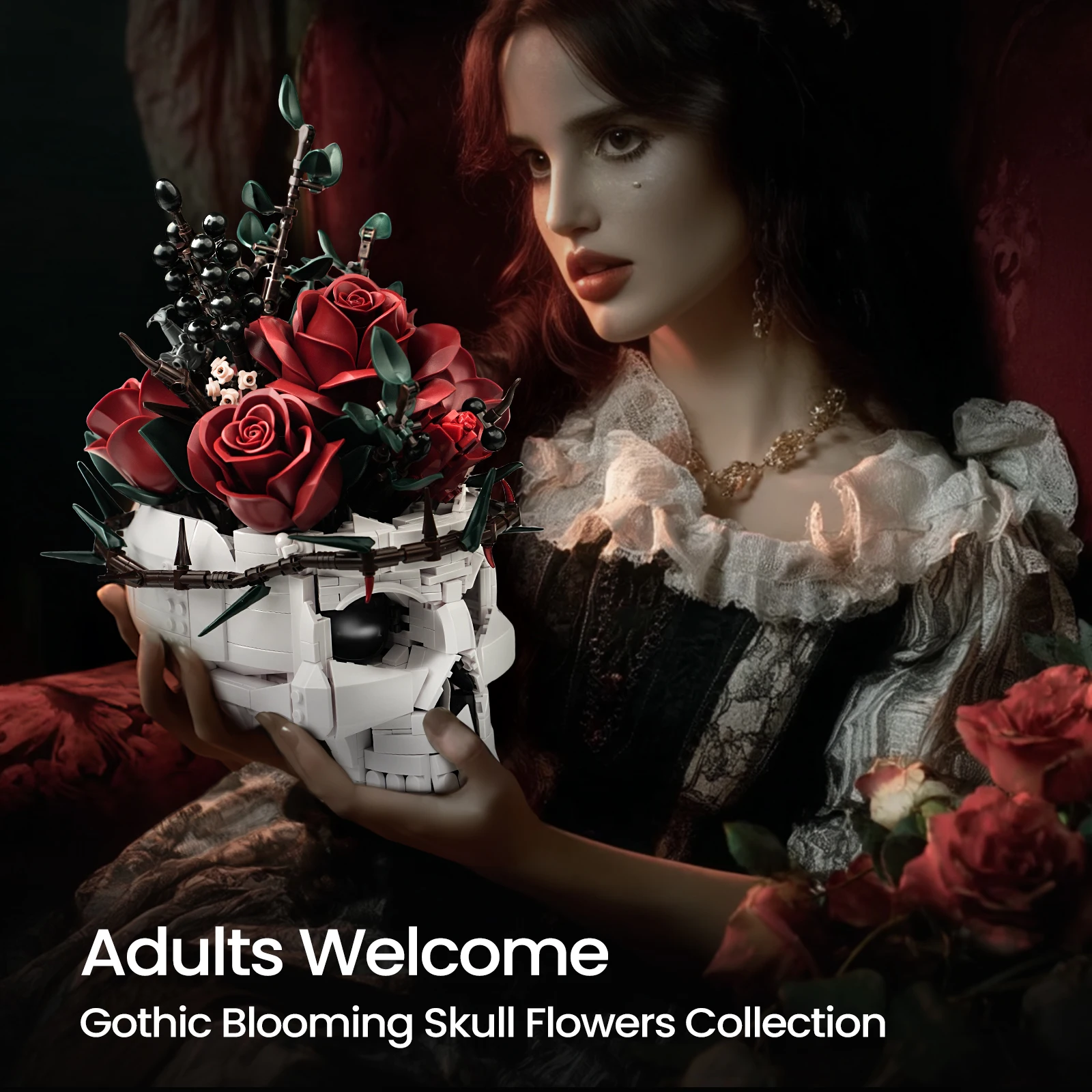 Skull Roses Bouquet Building Set Skeleton Flowers Plant Pot Blocks Horror Gothic Home Decor Bricks Toys for Adult Christmas Gift - Image 2