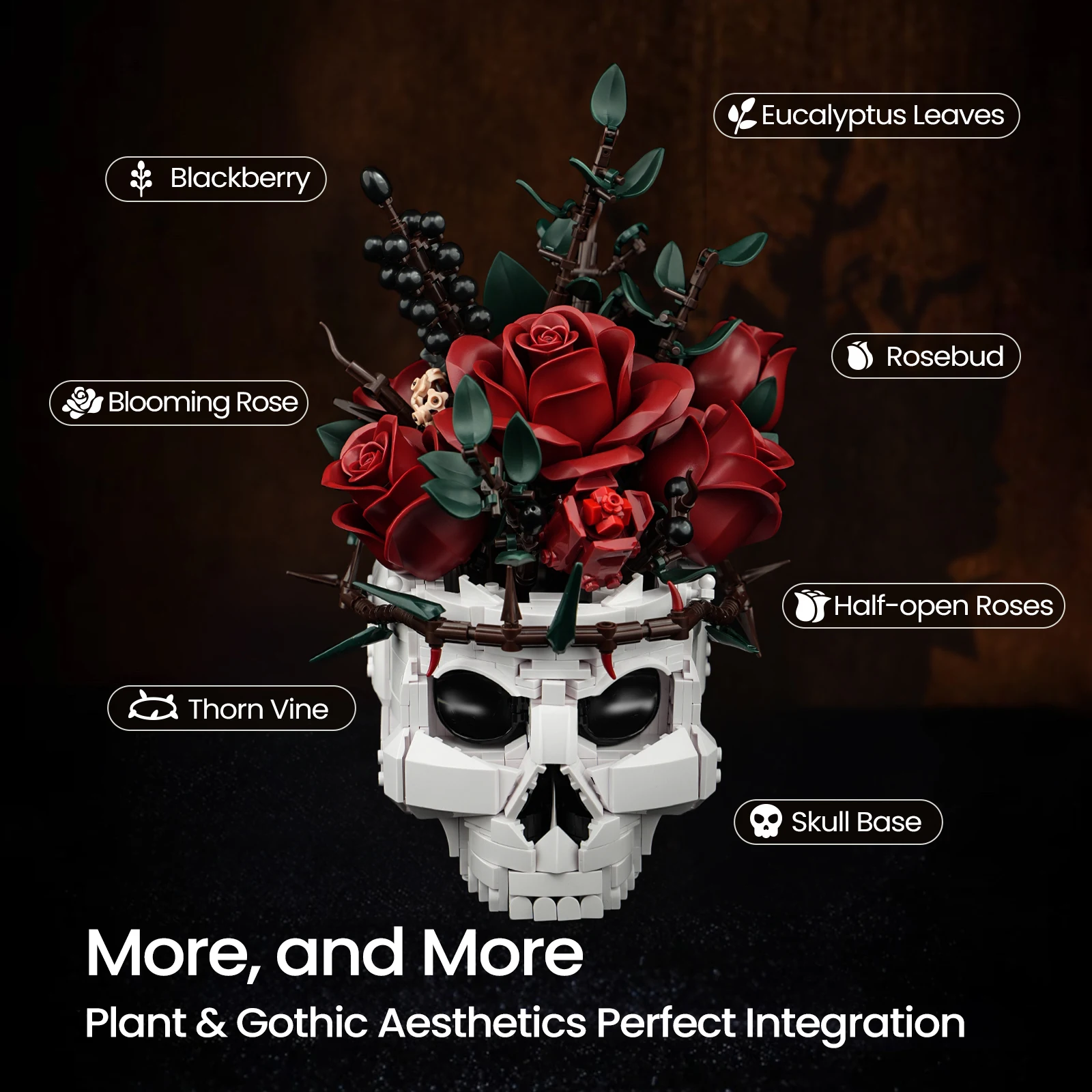 Skull Roses Bouquet Building Set Skeleton Flowers Plant Pot Blocks Horror Gothic Home Decor Bricks Toys for Adult Christmas Gift - Image 3