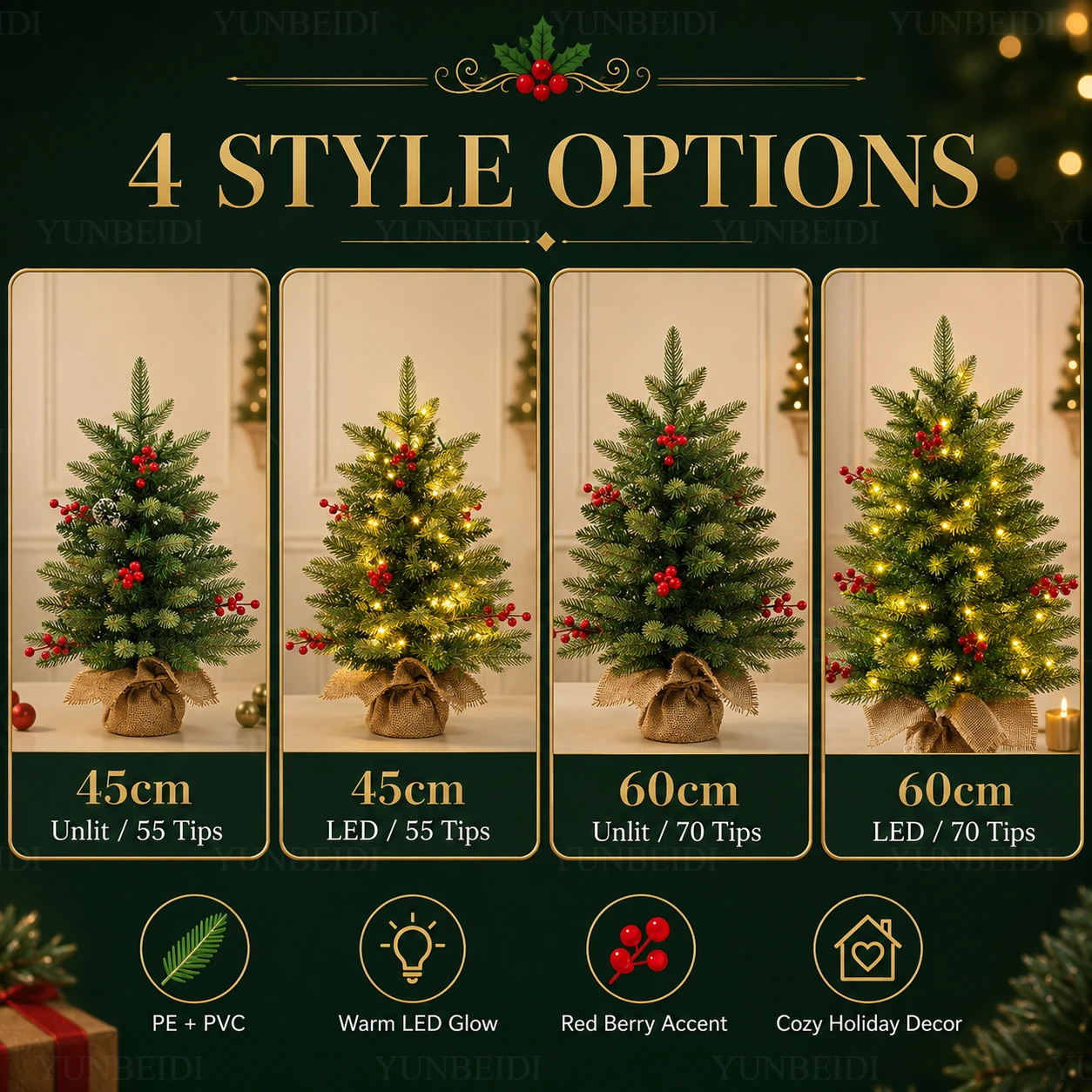 Small Christmas Tree PE+PVC+Red Fruit Desktop Artificial High Grade Christmas Tree 45cm/60cm Home Christmas New Year Decorations - Image 4