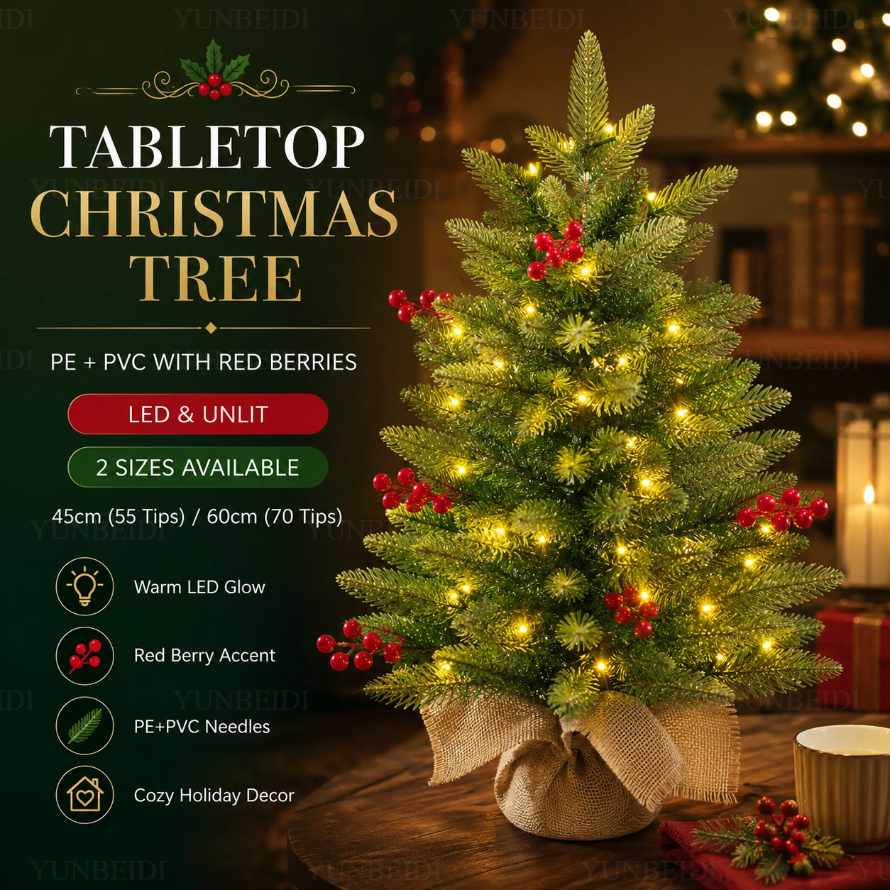Small Christmas Tree PE+PVC+Red Fruit Desktop Artificial High Grade Christmas Tree 45cm/60cm Home Christmas New Year Decorations