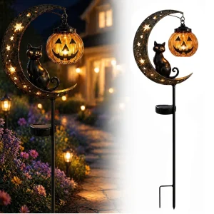 Solar Halloween Lights Black Cat on Crescent Moon Garden Stake Light with Hanging Pumpkin Lantern Outdoor Halloween Yard Decor