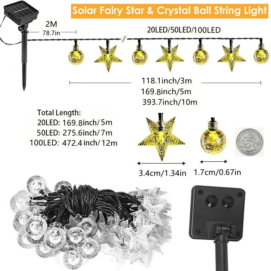 Solar LED String Lights Outdoor Camping Decor Crystal ball and stars String Lights 8 Modes Solar Lamp for Halloween Christmas - Image 6