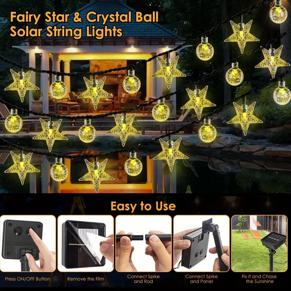 Solar LED String Lights Outdoor Camping Decor Crystal ball and stars String Lights 8 Modes Solar Lamp for Halloween Christmas - Image 3