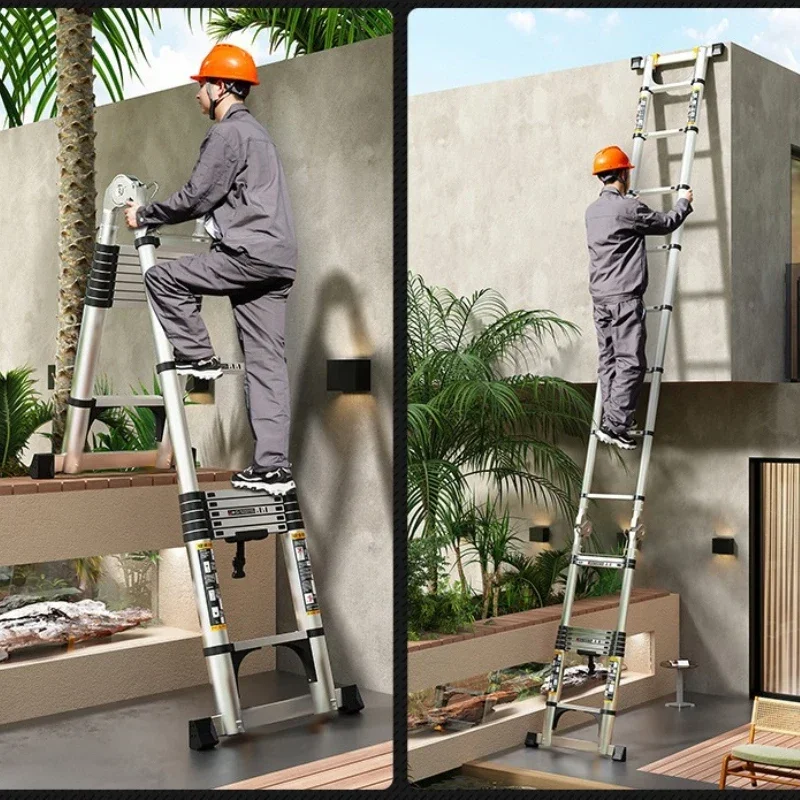 Stable Stainless steel telescopic ladder thickened straight ladder folding herringbone ladder portable household ladder - Image 4