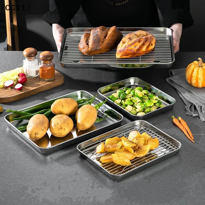 Stainless Steel Baking Tray With Removable Cooling Rack Set Non-stick BBQ Pan Tray Plate Oven Brownie Rack Cooking 〔CC11〕