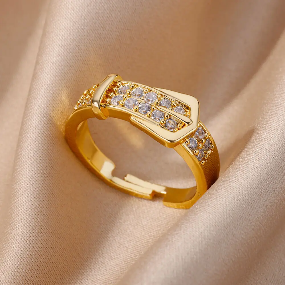 Stainless Steel Belt Rings For Women Zircon Adjustable Belt Finger Ring Femme Geometric Wedding Aesthetic Jewerly Gift anillos - Image 2