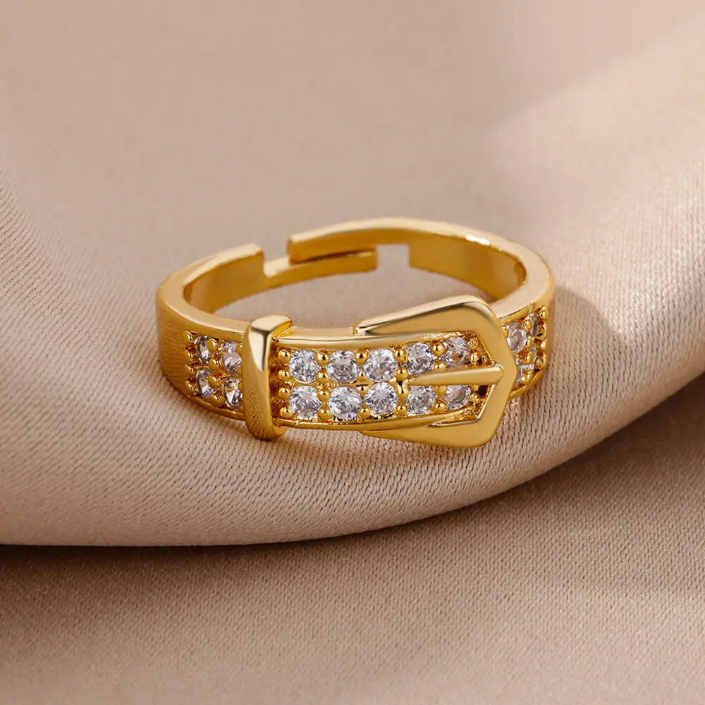 Stainless Steel Belt Rings For Women Zircon Adjustable Belt Finger Ring Femme Geometric Wedding Aesthetic Jewerly Gift anillos - Image 3