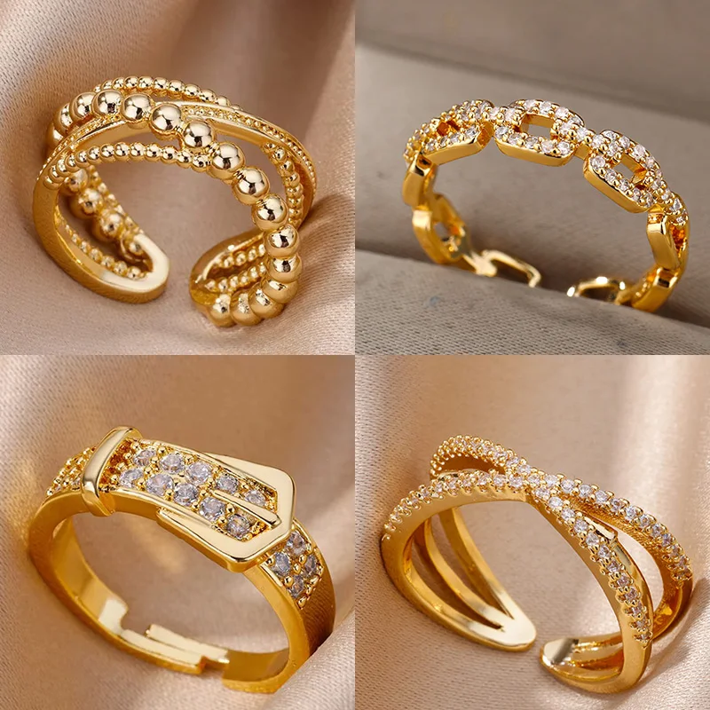 Stainless Steel Belt Rings For Women Zircon Adjustable Belt Finger Ring Femme Geometric Wedding Aesthetic Jewerly Gift anillos