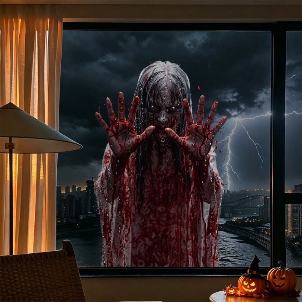 Static Cling Horror Glass Window Sticker Spooky Horror Ghost Woman Window Decals Window Display Blood Handprint - Image 2