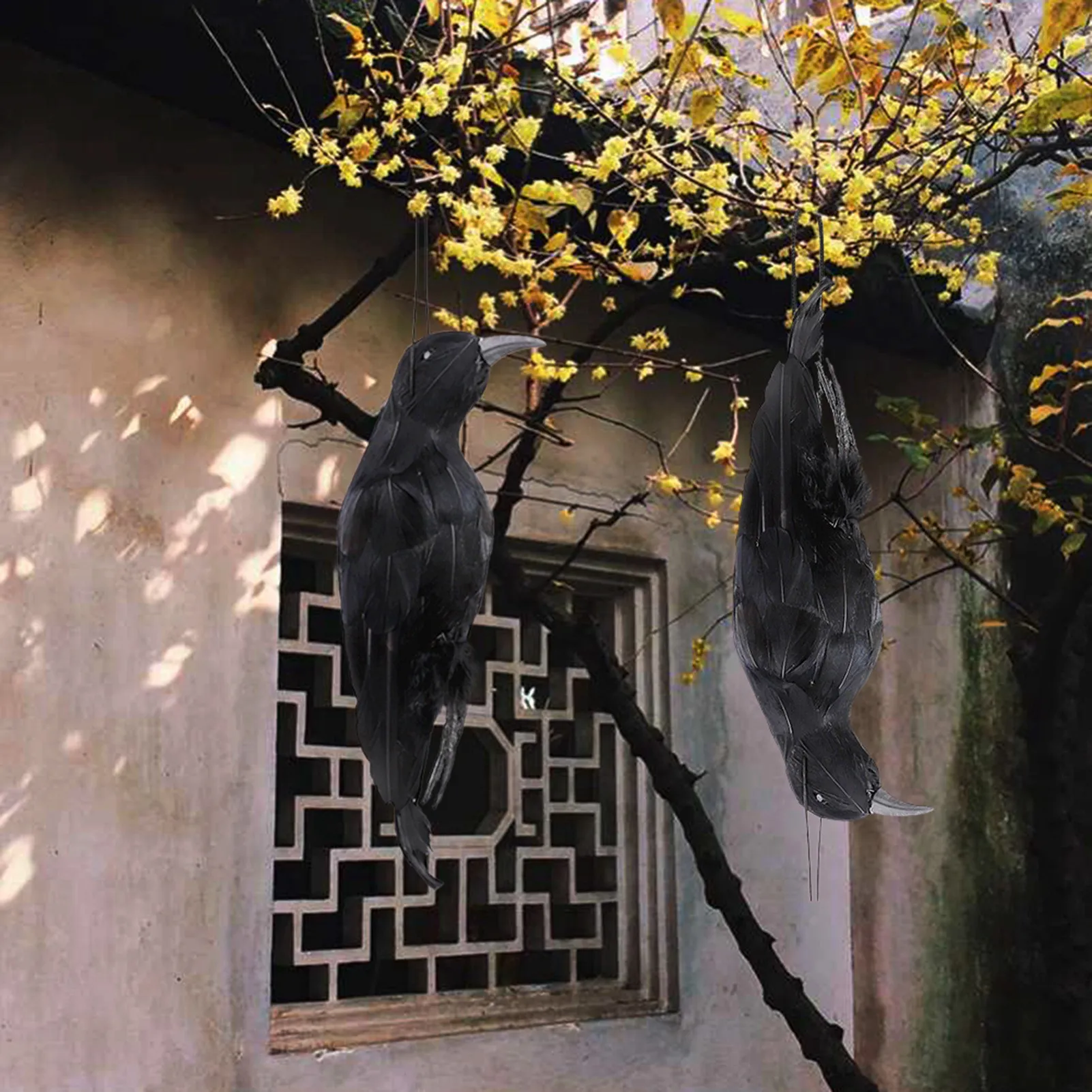 Stimulated Realistic Hanging Crow Black Feathered Bird Halloween Bar Ornaments Scary Prop Outdoor Garden Yard Crow Prop Decor - Image 3