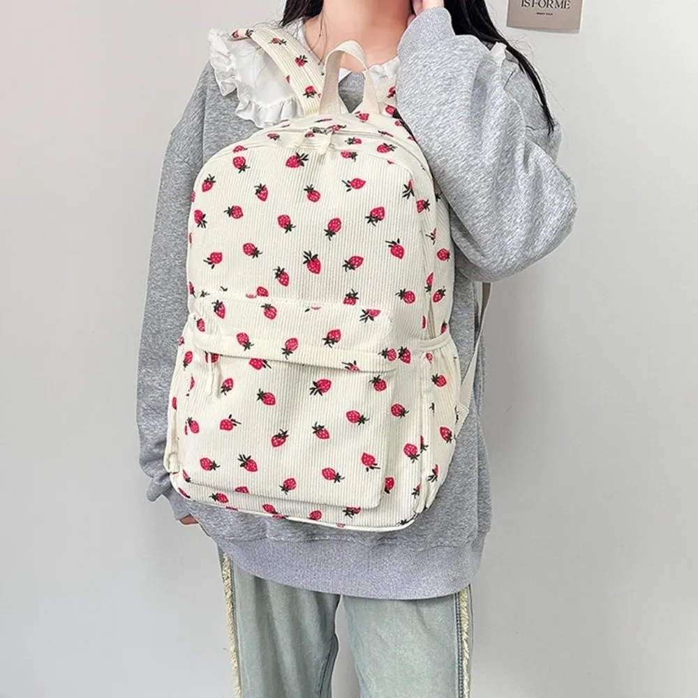 Strawberry Corduroy Backpack Lightweight Solid Color Students School Bag Adjustable Shoulder Straps Japanese Style - Image 2