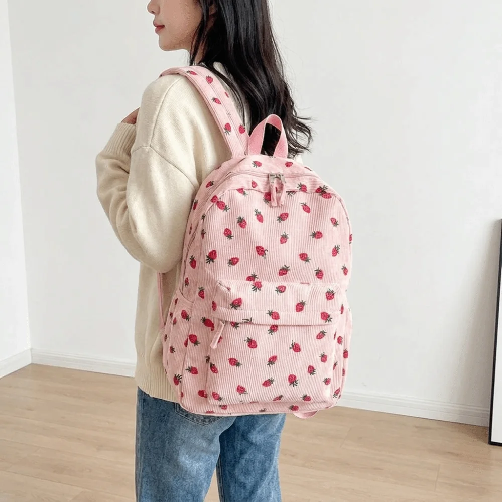 Strawberry Corduroy Backpack Lightweight Solid Color Students School Bag Adjustable Shoulder Straps Japanese Style - Image 3