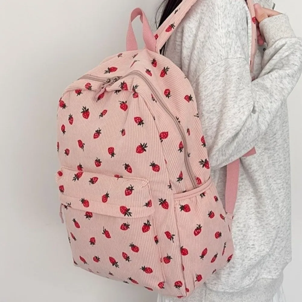 Strawberry Corduroy Backpack Lightweight Solid Color Students School Bag Adjustable Shoulder Straps Japanese Style - Image 4