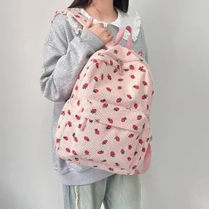 Strawberry Corduroy Backpack Lightweight Solid Color Students School Bag Adjustable Shoulder Straps Japanese Style