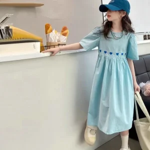 Summer Kids Blue Girls Dress 2026 Fashion Birthday Loose Casual Dresses Children Vestido Beach Dress for Girl Teen 8 10 12 14 Y