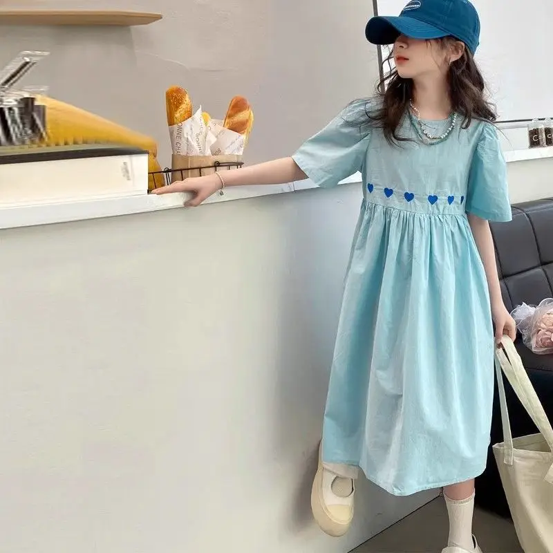 Summer Kids Blue Girls Dress 2026 Fashion Birthday Loose Casual Dresses Children Vestido Beach Dress for Girl Teen 8 10 12 14 Y
