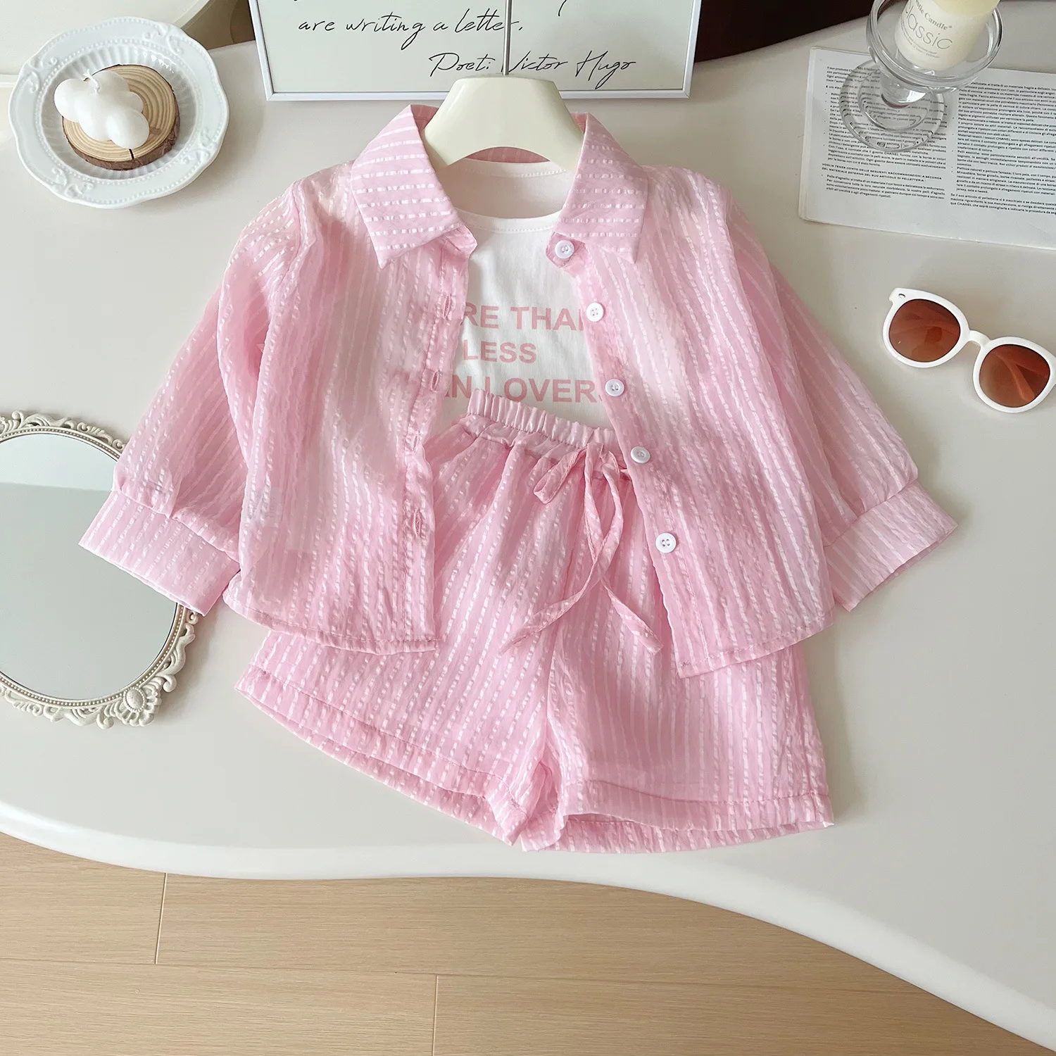 Summer New Girls Sunscreen Set Stripe Long Sleeve Shirt+Vest+Shorts Suit For 2-10Y Kids Fashion Sun UV Protection 3Pcs Outfit - Image 2