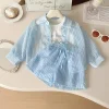 Summer New Girls Sunscreen Set Stripe Long Sleeve Shirt+Vest+Shorts Suit For 2-10Y Kids Fashion Sun UV Protection 3Pcs Outfit