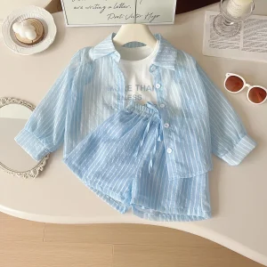 Summer New Girls Sunscreen Set Stripe Long Sleeve Shirt+Vest+Shorts Suit For 2-10Y Kids Fashion Sun UV Protection 3Pcs Outfit