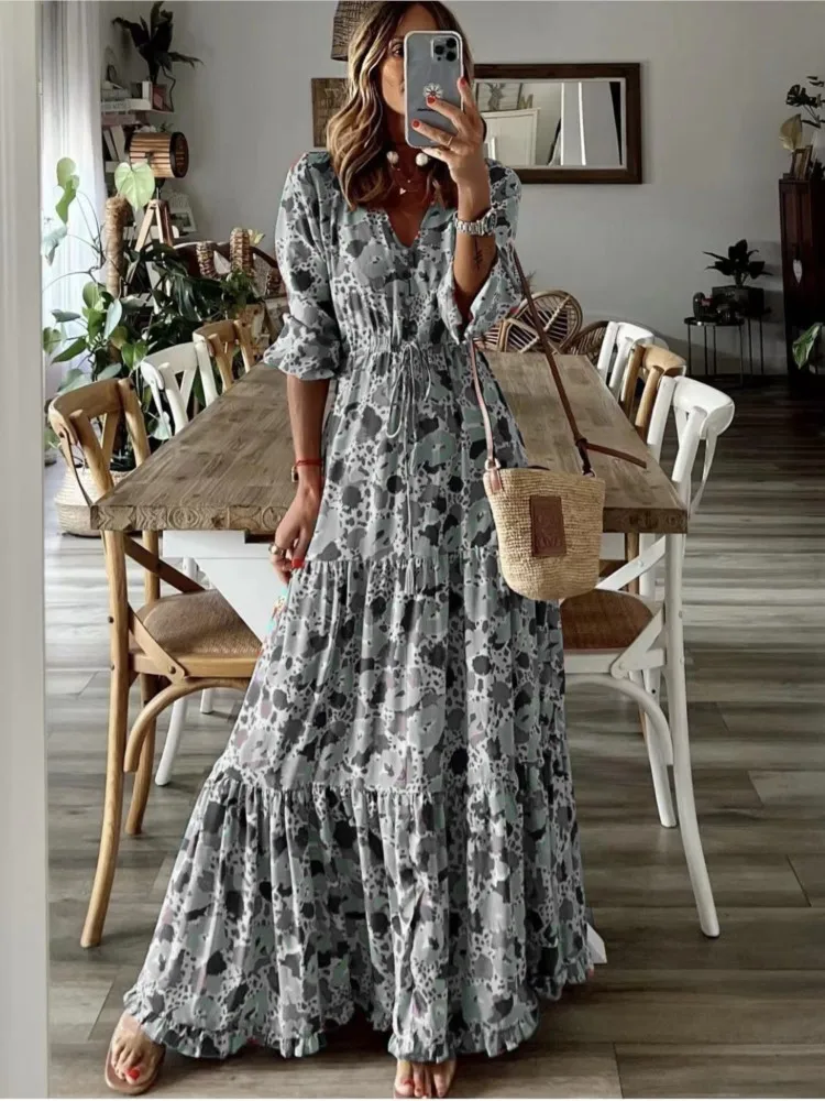 Summer New Women's Clothing Temperament Vacation Sexy V-neck Lace Up Waist Fashion Print Large Swing Long Floor Length Dress - Image 2