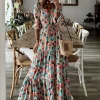 Summer New Women's Clothing Temperament Vacation Sexy V-neck Lace Up Waist Fashion Print Large Swing Long Floor Length Dress